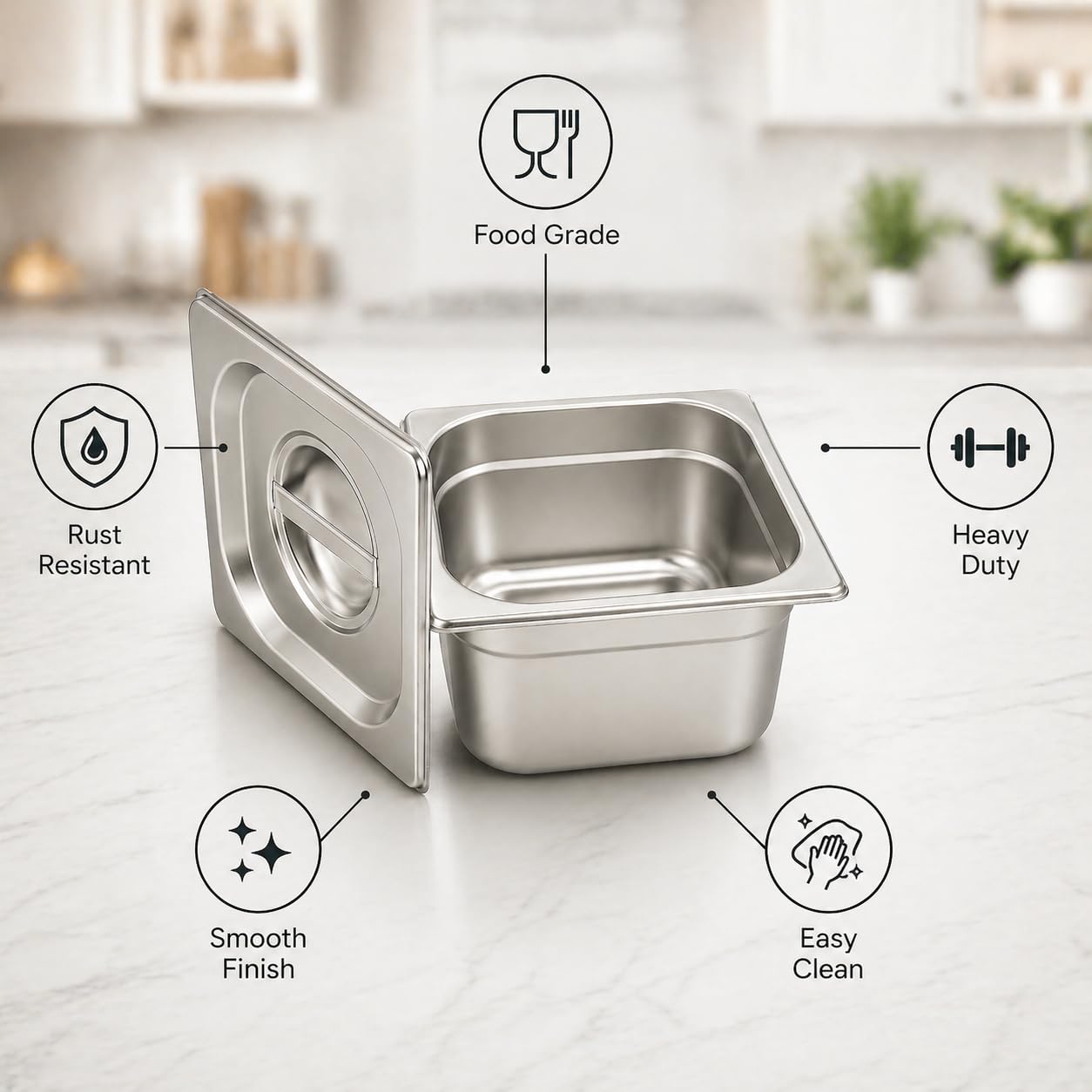 GURUBHAI EQUIPMENTS Gn Pan Food Container 1/2 100mm (4" Deep) Stainless Steel Gastronorm Pan with Lid-(Set of 1) – Easy-to-Clean Food Storage Solution for Commercial Kitchens, Catering use