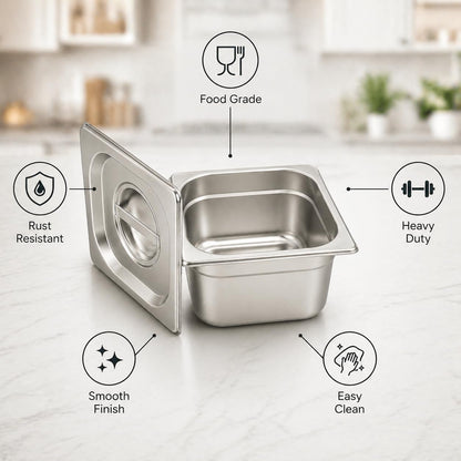 GURUBHAI EQUIPMENTS Gn Pan Food Container 1/2 100mm (4" Deep) Stainless Steel Gastronorm Pan with Lid-(Set of 1) – Easy-to-Clean Food Storage Solution for Commercial Kitchens, Catering use
