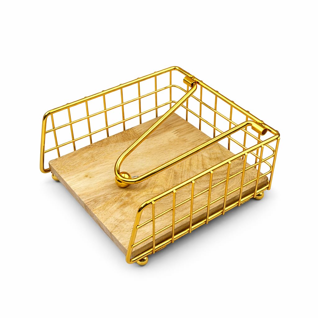 Gurubhai Equipments Gold Metal Napkin Holder with Wooden Base | Premium Tabletop Tissue Paper Holder with Pressure Arm | Luxury Napkin Stand for Dining Table, Restaurant, Cafe & Hotel (Golden)