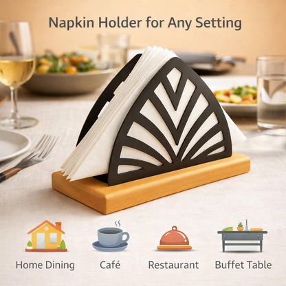 Gurubhai Equipments Metal Wire Napkin Holder with Wooden Base | Square Tabletop Tissue Paper Holder with Pressure Arm | Black Napkin Stand for Dining Table, Restaurant & Cafe