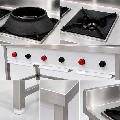 Gurubhai Equipments Stainless Steel Commercial Single Burner Gas Stove Table with Worktop Backsplash & Under Shelf for Hotel Restaurant Kitchen