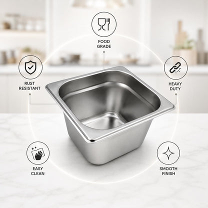GURUBHAI EQUIPMENTS GN Pan Food Container 1/6 100mm (4" Deep) – Stainless Steel Gastronorm Pan, Easy-to-Clean Food Storage Solution for Commercial Kitchens & Catering Use