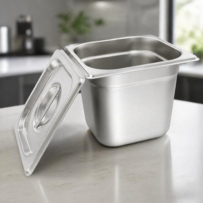 GURUBHAI EQUIPMENTS GN Pan Food Container 1/6 150 mm with lid Stainless Steel Gastronorm Pan with Lid, Easy-to-Clean Food Storage Solution for Commercial Kitchens & Catering Use