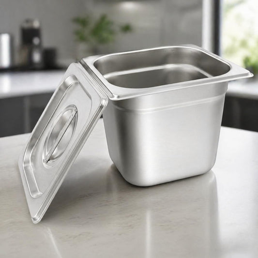 GURUBHAI EQUIPMENTS GN Pan Food Container 1/6 150 mm with lid Stainless Steel Gastronorm Pan with Lid, Easy-to-Clean Food Storage Solution for Commercial Kitchens & Catering Use