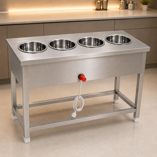 Gurubhai Equipments Long Size 4 Pot Electric Food Warmer Counter Stainless Steel Bain Marie for Buffet Restaurant Hotel
