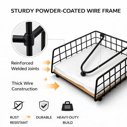 Gurubhai Equipments Metal Wire Napkin Holder with Wooden Base | Square Tabletop Tissue Paper Holder with Pressure Arm | Black Napkin Stand for Dining Table, Restaurant & Cafe