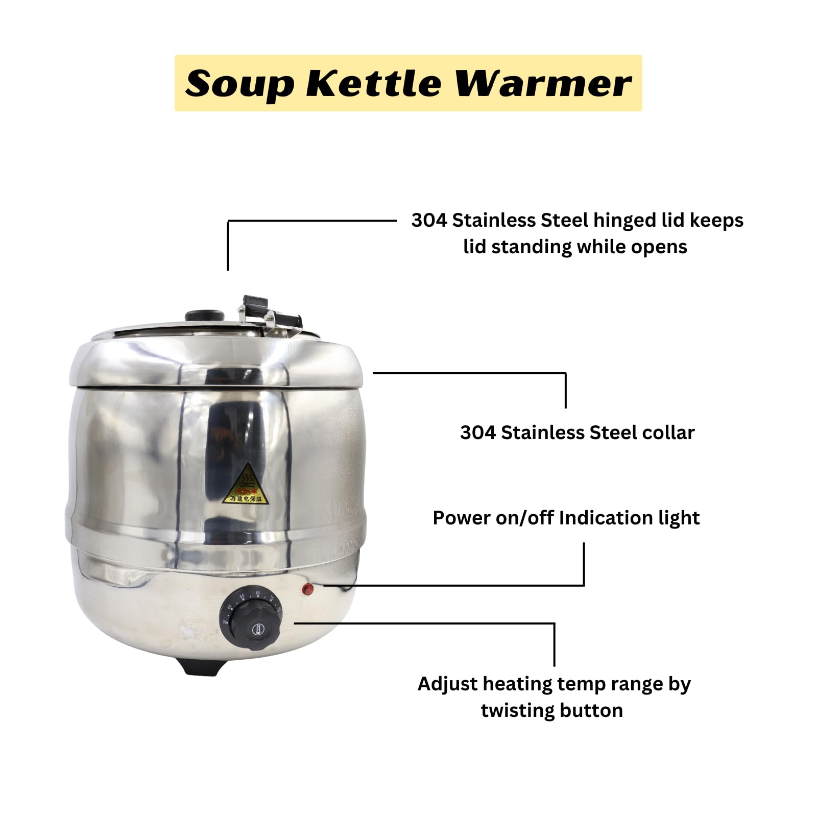 Gurubhai Equipments Stainless Steel Soup Kettle Warmer, 10 Liter, Soup Warmer, SS Soup Tureen for Catering, Soup Heater, Restaurants and Buffets Businesses, Ideal for Keeping Soups and Stews Warm