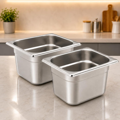 GURUBHAI EQUIPMENTS GN Pan 1/6 Size – 100mm (4" Deep) Stainless Steel Gastronorm Pans – Set of 2 | Commercial-Grade Food Containers for Kitchen, Buffet & Catering Use