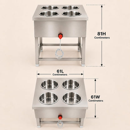 Gurubhai Equipments 4 Pot Electric Bain Marie Commercial Food Warmer Stainless Steel Steam Table Buffet Counter for Restaurant Catering