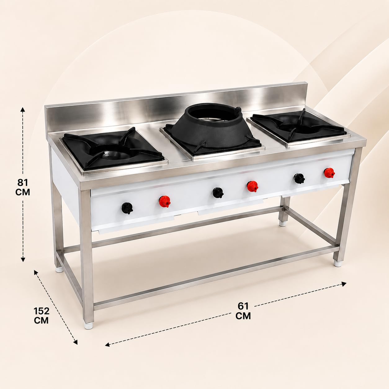 Gurubhai Equipments Stainless Steel Commercial Single Burner Gas Stove Table with Worktop Backsplash & Under Shelf for Hotel Restaurant Kitchen