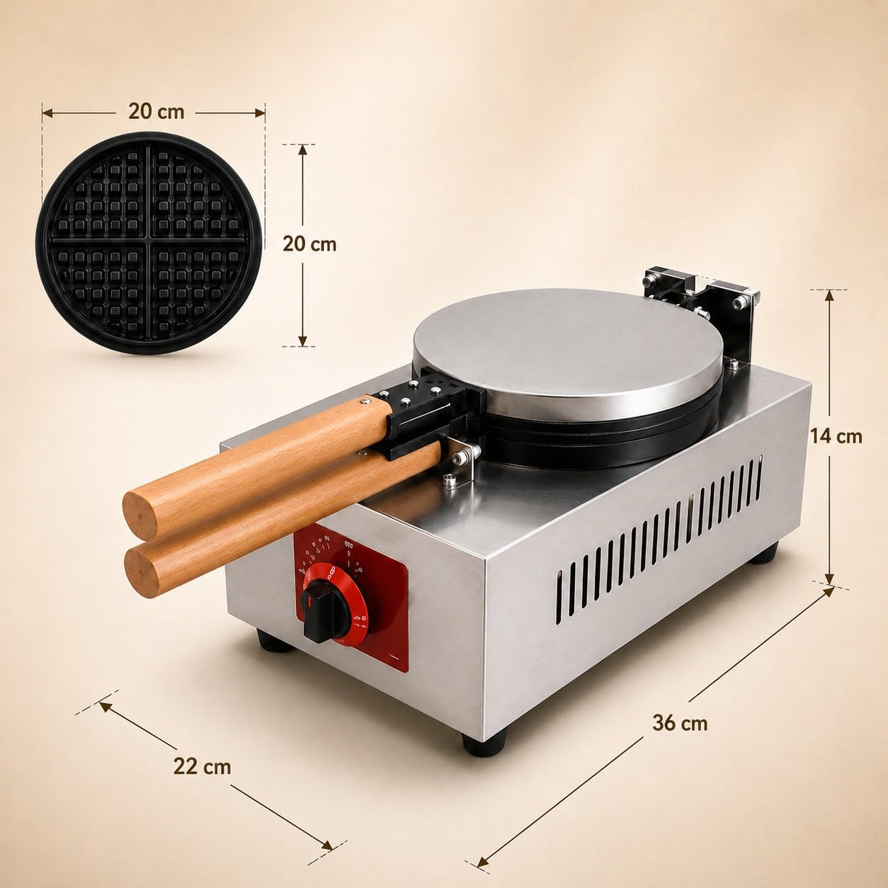 Gurubhai Equipments Wooden Handle Round Belgian Gas Waffle, Machine Commercial Belgian Waffle Maker, Heavy Duty Waffle Baker for Cafe Bakery