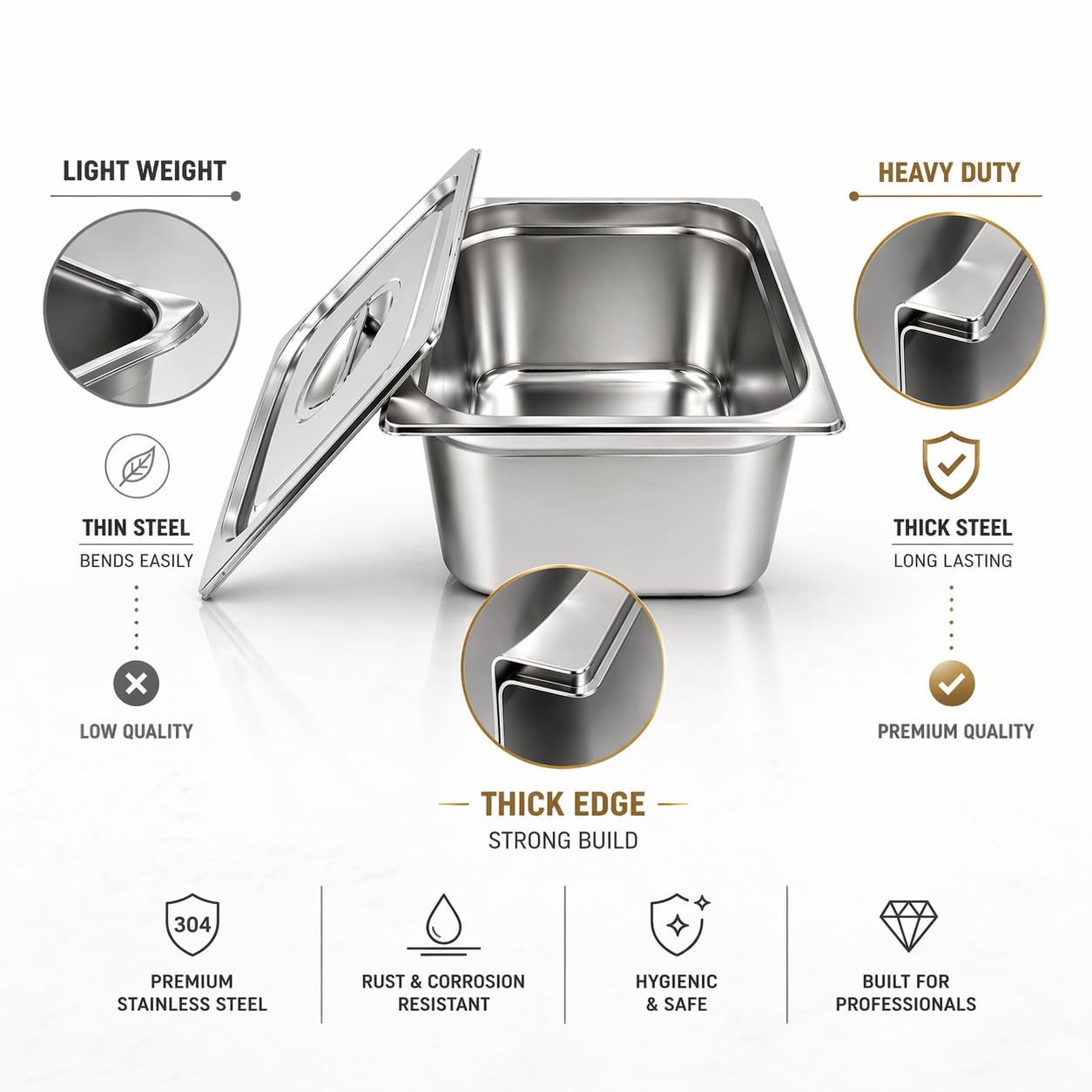 GURUBHAI EQUIPMENTS Gn Pan Food Container 1/2 100mm (4" Deep) Stainless Steel Gastronorm Pan with Lid-(Set of 1) – Easy-to-Clean Food Storage Solution for Commercial Kitchens, Catering use