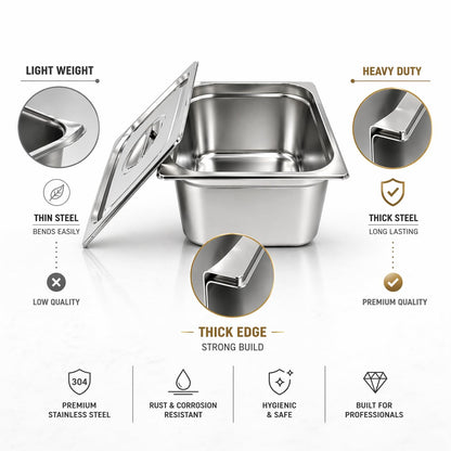 GURUBHAI EQUIPMENTS Gn Pan Food Container 1/2 100mm (4" Deep) Stainless Steel Gastronorm Pan with Lid-(Set of 1) – Easy-to-Clean Food Storage Solution for Commercial Kitchens, Catering use