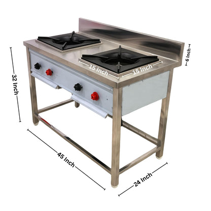 Gurubhai Equipments Commercial Stainless Steel Double Burner Gas Stove | Heavy-Duty Cooking Range with Backsplash & Control Valves for Restaurant, Hotel & Catering Kitchen