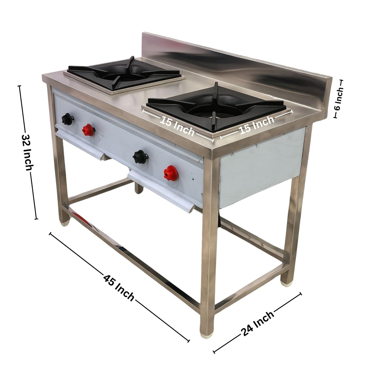 Gurubhai Equipments Commercial Stainless Steel Double Burner Gas Stove | Heavy-Duty Cooking Range with Backsplash & Control Valves for Restaurant, Hotel & Catering Kitchen