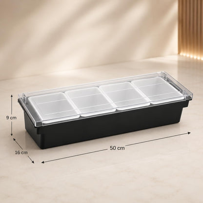 GURUBHAI EQUIPMENTS 4-Compartment Condiment Dispenser with Lid | Salad Bar Container for Restaurant, Buffet, Catering & Home Use | Food Prep Station Organizer with Removable Containers
