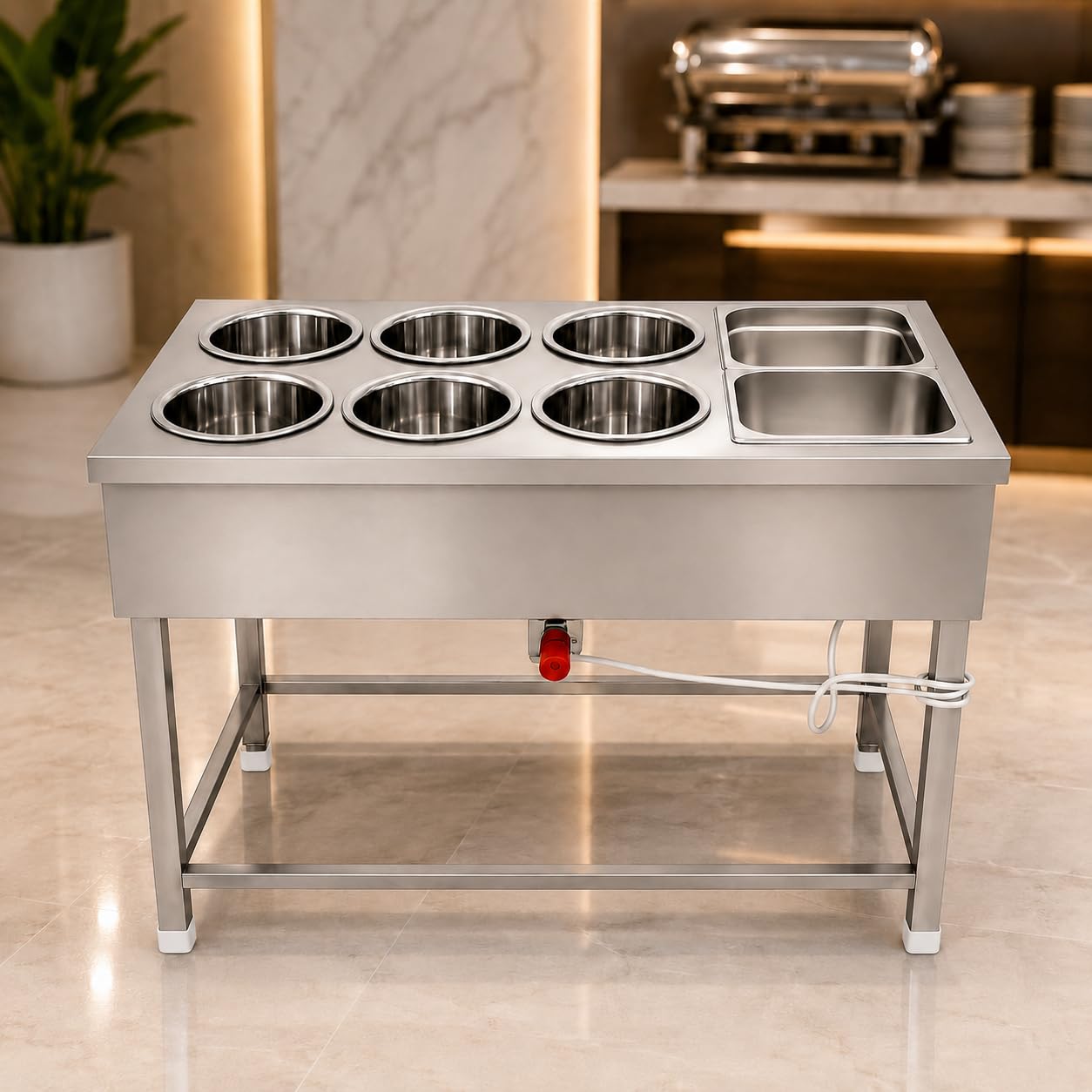Gurubhai Equipments 6+2 Electric Bain Marie Counter – Commercial Stainless Steel Food Warmer with 6 Round Pots & 2 GN Pans for Buffet, Restaurant, Hotel & Catering Service