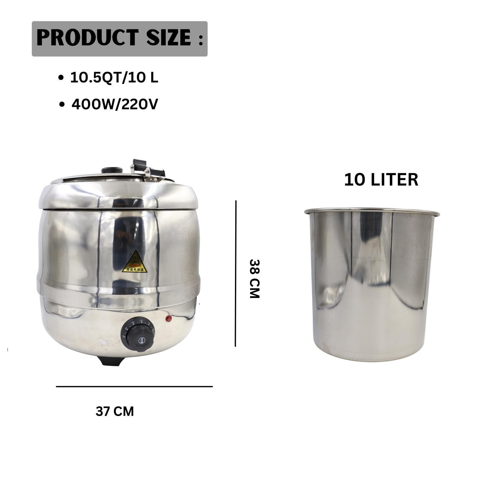 Gurubhai Equipments Stainless Steel Soup Kettle Warmer, 10 Liter, Soup Warmer, SS Soup Tureen for Catering, Soup Heater, Restaurants and Buffets Businesses, Ideal for Keeping Soups and Stews Warm