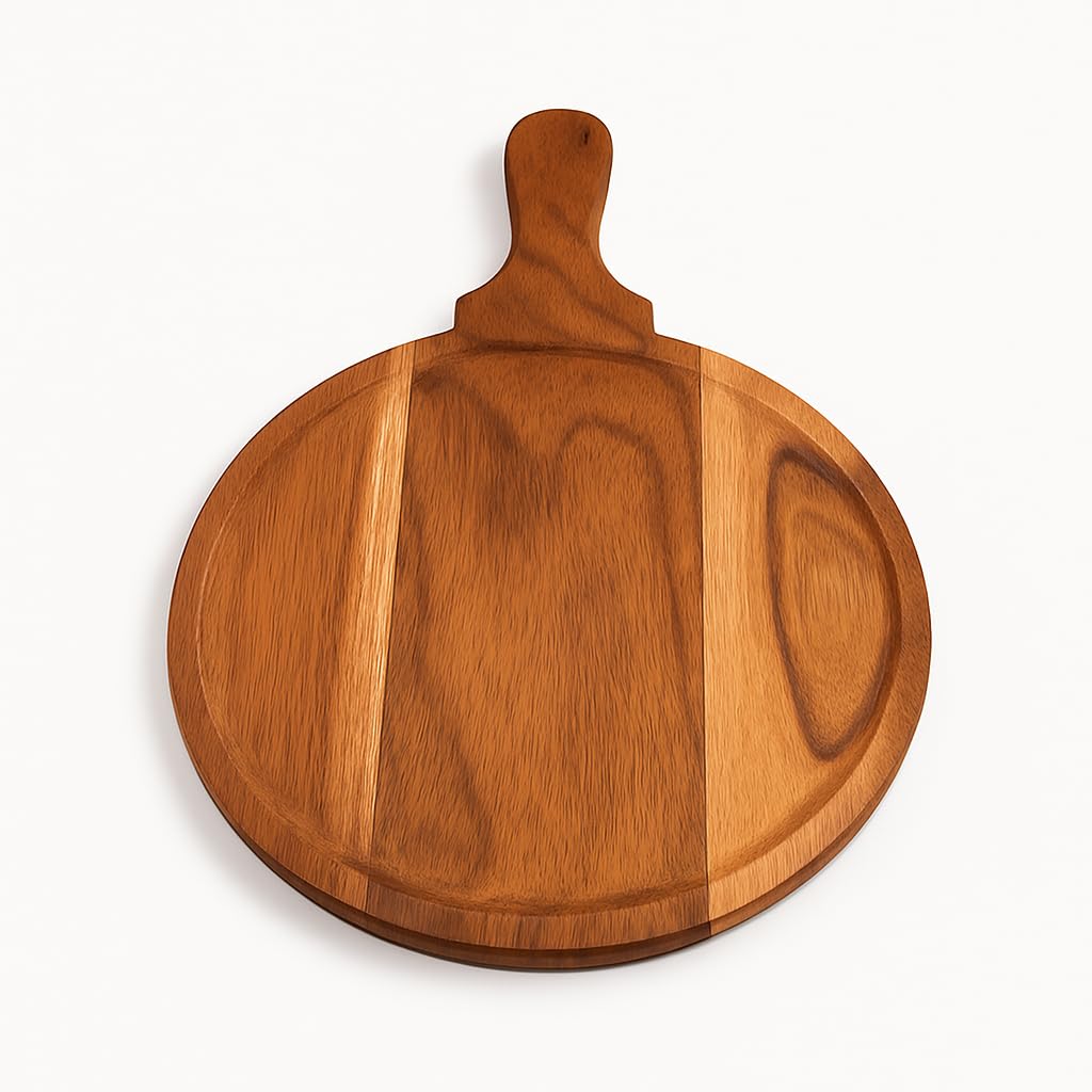 GURUBHAI EQUIPMENTS Wooden Pizza Plate with Handle Round Acacia Finish Pizza Serving Board & Cutting Tray | Wooden Pizza Platter for Home, Restaurant, Café & Kitchen Use