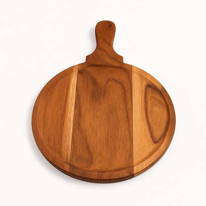 GURUBHAI EQUIPMENTS Wooden Pizza Plate with Handle Set of 3 – Round Acacia Finish Pizza Serving Board & Cutting Tray | Pizza Platter for Home, Restaurant, Café & Kitchen Use (10 Inch)
