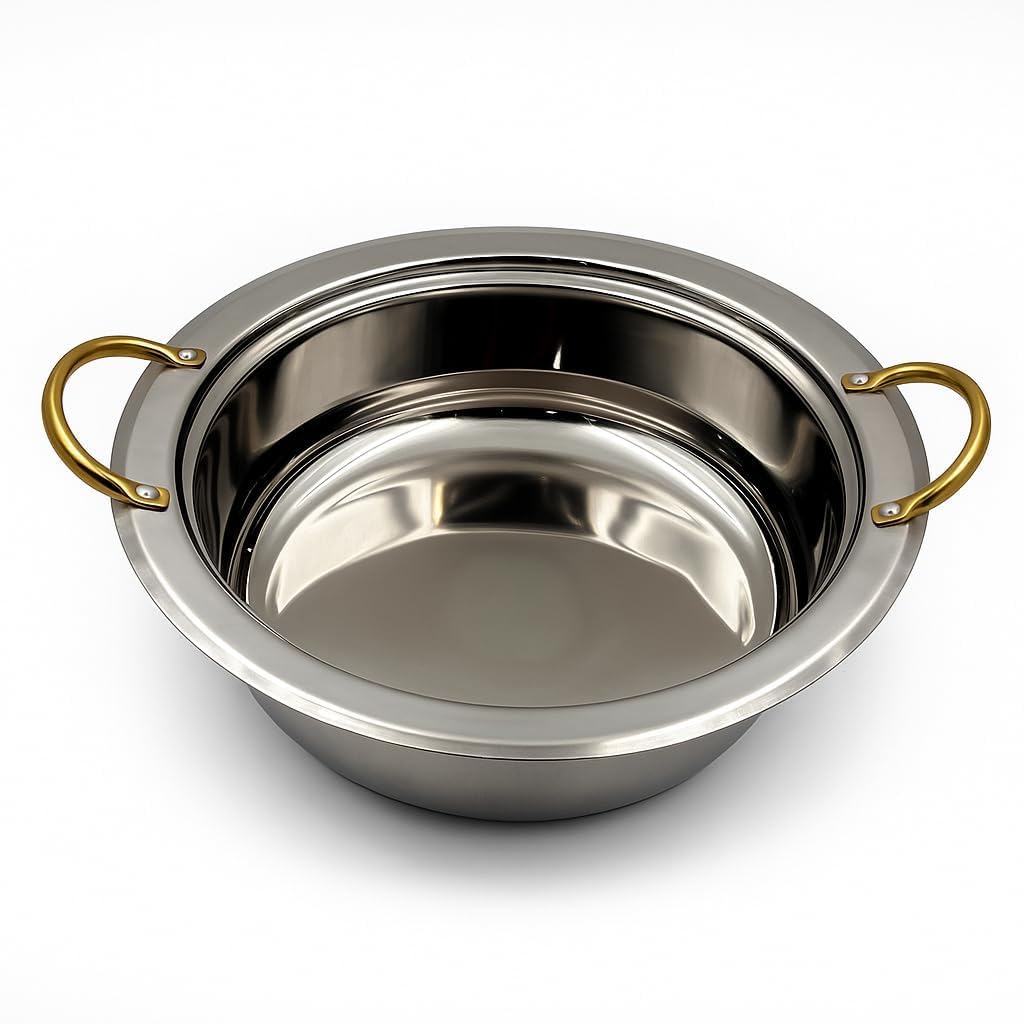 Gurubhai Equipments Premium Gold Finish Chafing Dish with Lid – Round Buffet Food Warmer with Fuel Burner | Elegant Hot Serving Chafer for Catering, Hotel, Restaurant & Party Use