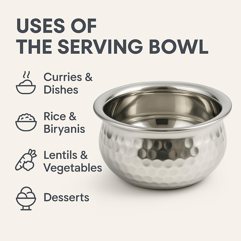 GURUBHAI EQUIPMENTS Stainless Steel Hammered Double-Layer Insulated Handi Set of 6-350ml Serving Bowls for Curry, Soup & Gravies - Premium Buffet & Restaurant Serveware