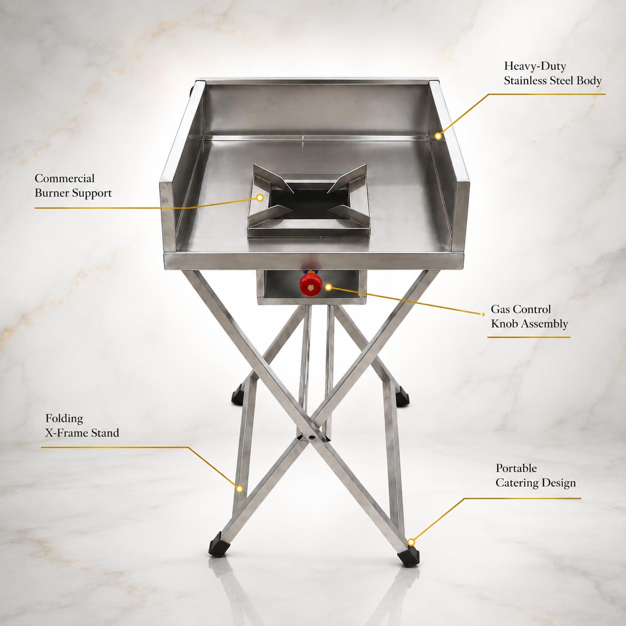 Gurubhai Equipments Stainless Steel Folding Single Burner Gas Stove – Portable Bhatti Range with Side Wall & Control Valve | Ideal for Outdoor Catering, Food Stalls & Commercial Use
