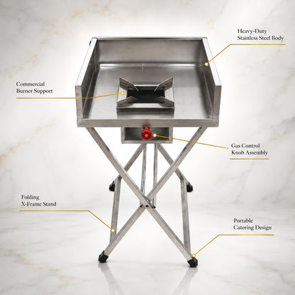 Gurubhai Equipments Stainless Steel Folding Single Burner Gas Stove – Portable Bhatti Range with Side Wall & Control Valve | Ideal for Outdoor Catering, Food Stalls & Commercial Use
