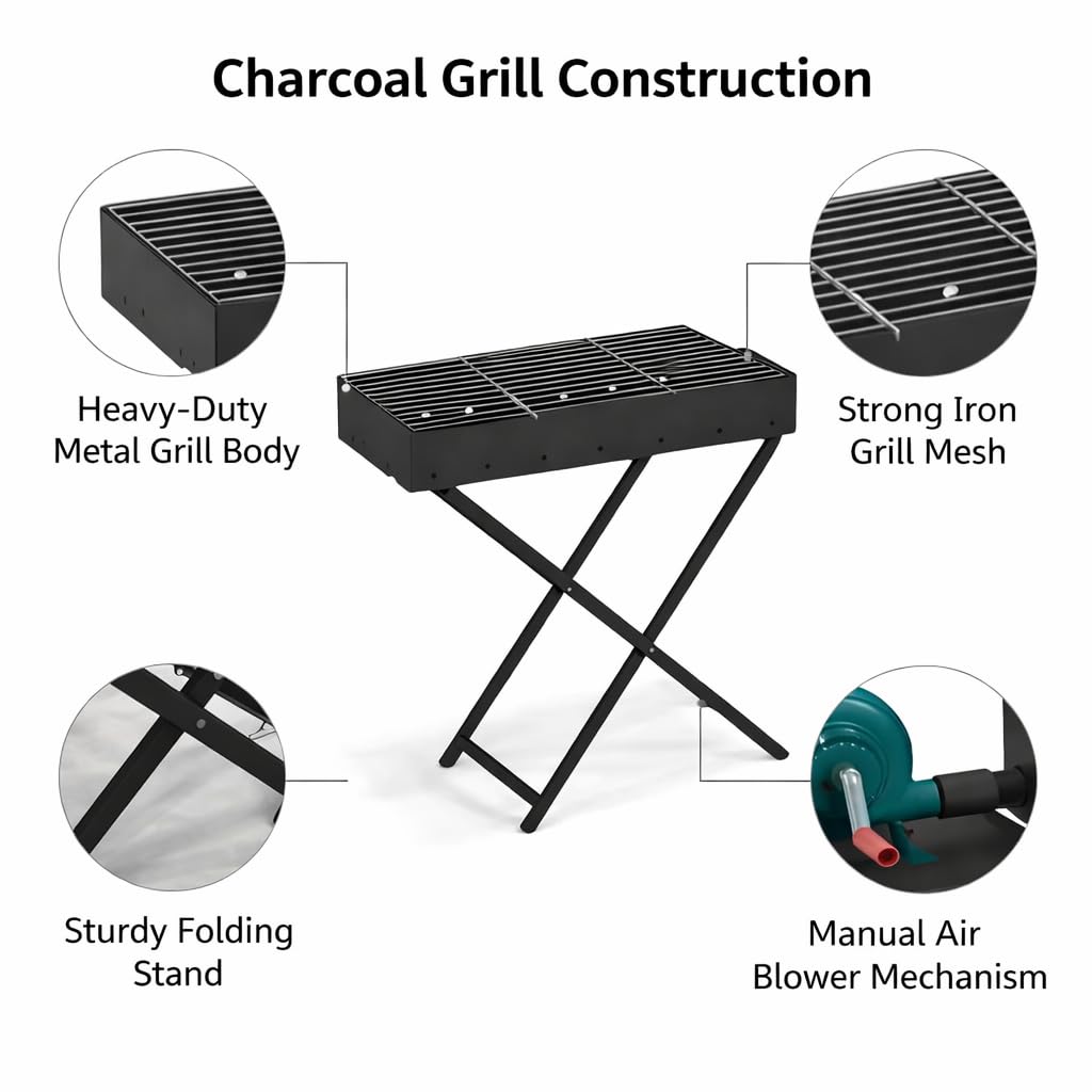 Gurubhai Equipments Commercial Charcoal Grill with Blower & Stand | Heavy Duty Barbecue Bhatti for Roasting & Grilling | Coal BBQ Grill for Restaurants, Catering & Outdoor Cooking