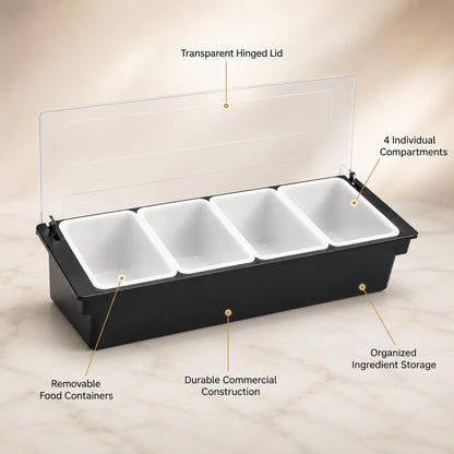 GURUBHAI EQUIPMENTS 4-Compartment Condiment Dispenser with Lid | Salad Bar Container for Restaurant, Buffet, Catering & Home Use | Food Prep Station Organizer with Removable Containers