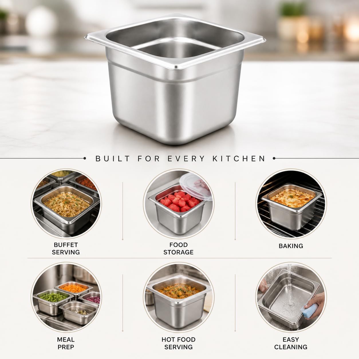 GURUBHAI EQUIPMENTS Gn Pan Food Container 1/6 150 mm (6" Deep) Stainless Steel Gastronorm Pan - Easy-to-Clean Food Storage Solution for Commercial Kitchens, Catering use