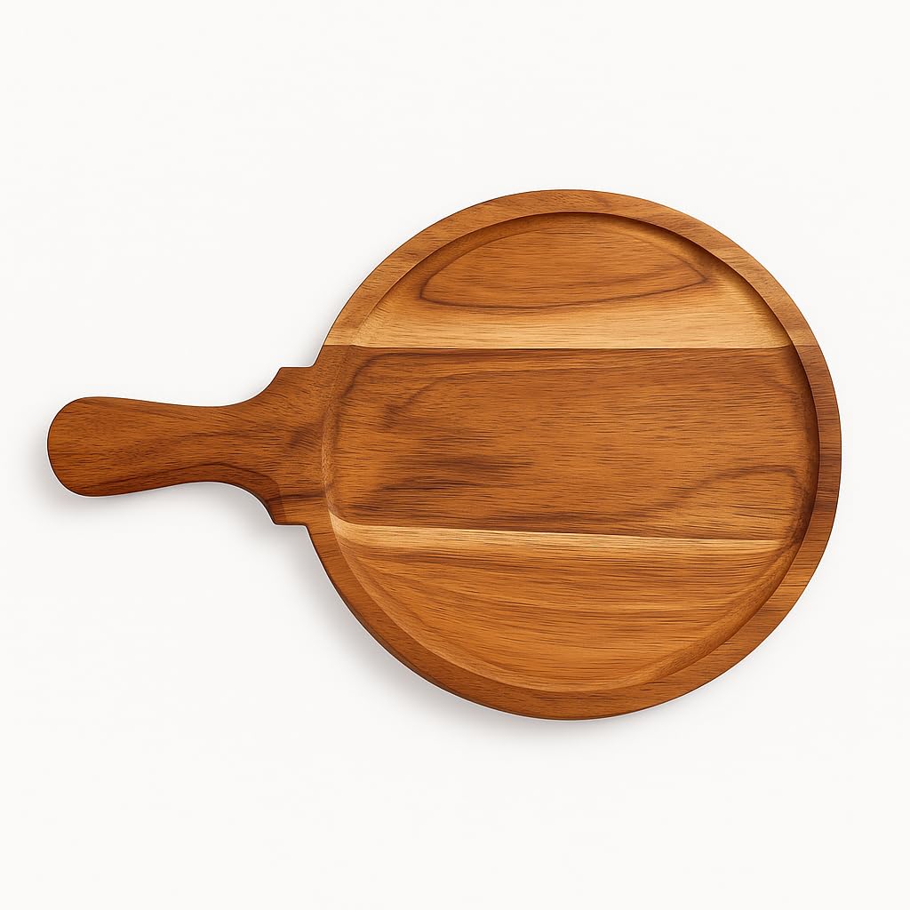 GURUBHAI EQUIPMENTS Wooden Pizza Plate with Handle Set of 3 – Round Acacia Finish Pizza Serving Board & Cutting Tray | Wooden Pizza Platter for Home, Restaurant, Café & Kitchen Use (8 Inch)