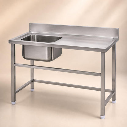 Gurubhai Equipments Stainless Steel Sink Table with Left Side Sink & Worktop | Heavy-Duty Commercial Kitchen Sink with Backsplash & Undercounter Space | Ideal for Restaurants, Hotels & Catering Use