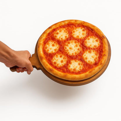 GURUBHAI EQUIPMENTS Wooden Pizza Plate with Handle Set of 3 – Round Acacia Wood Pizza Serving Board & Cutting Tray for Home, Restaurant, Café & Kitchen Use (12 Inch)