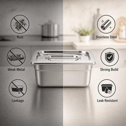 GURUBHAI EQUIPMENTS Gn Pan Food Container 1/2 100mm (4" Deep) Stainless Steel Gastronorm Pan with Lid-(Set of 1) – Easy-to-Clean Food Storage Solution for Commercial Kitchens, Catering use