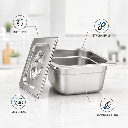 GURUBHAI EQUIPMENTS Gn Pan Food Container 1/2 100mm (4" Deep) Stainless Steel Gastronorm Pan with Lid-(Set of 1) – Easy-to-Clean Food Storage Solution for Commercial Kitchens, Catering use