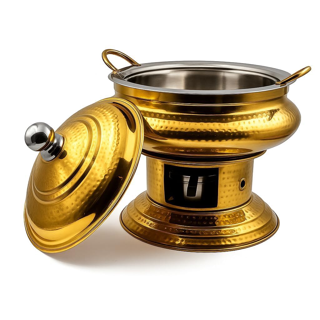 Gurubhai Equipments Premium Gold Finish Chafing Dish with Lid – Round Buffet Food Warmer with Fuel Burner | Elegant Hot Serving Chafer for Catering, Hotel, Restaurant & Party Use