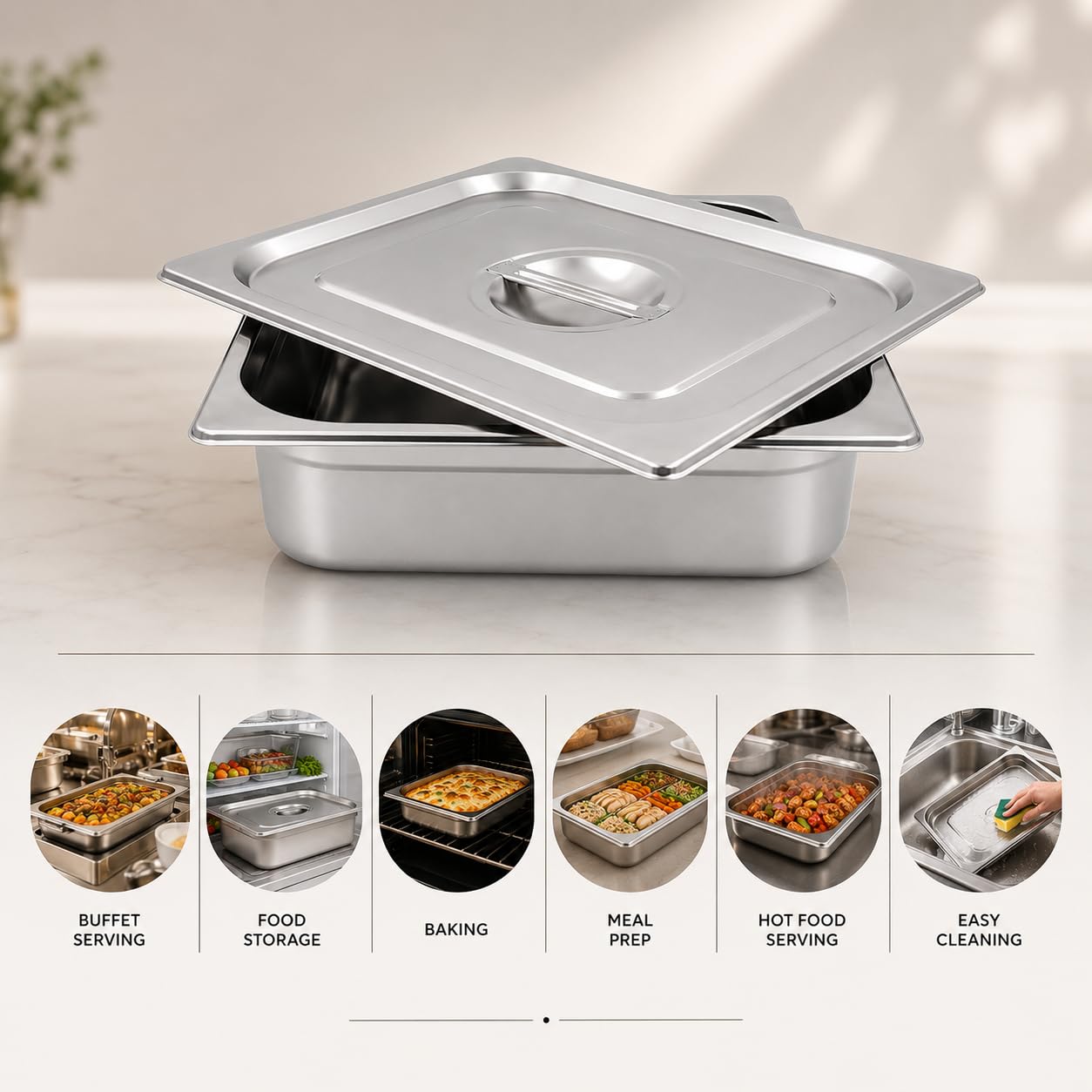 GURUBHAI EQUIPMENTS Gn Pan Food Container 1/2 100mm (4" Deep) Stainless Steel Gastronorm Pan with Lid (Set of 1) - Easy-to-Clean Food Storage Solution for Commercial Kitchens, Catering Use