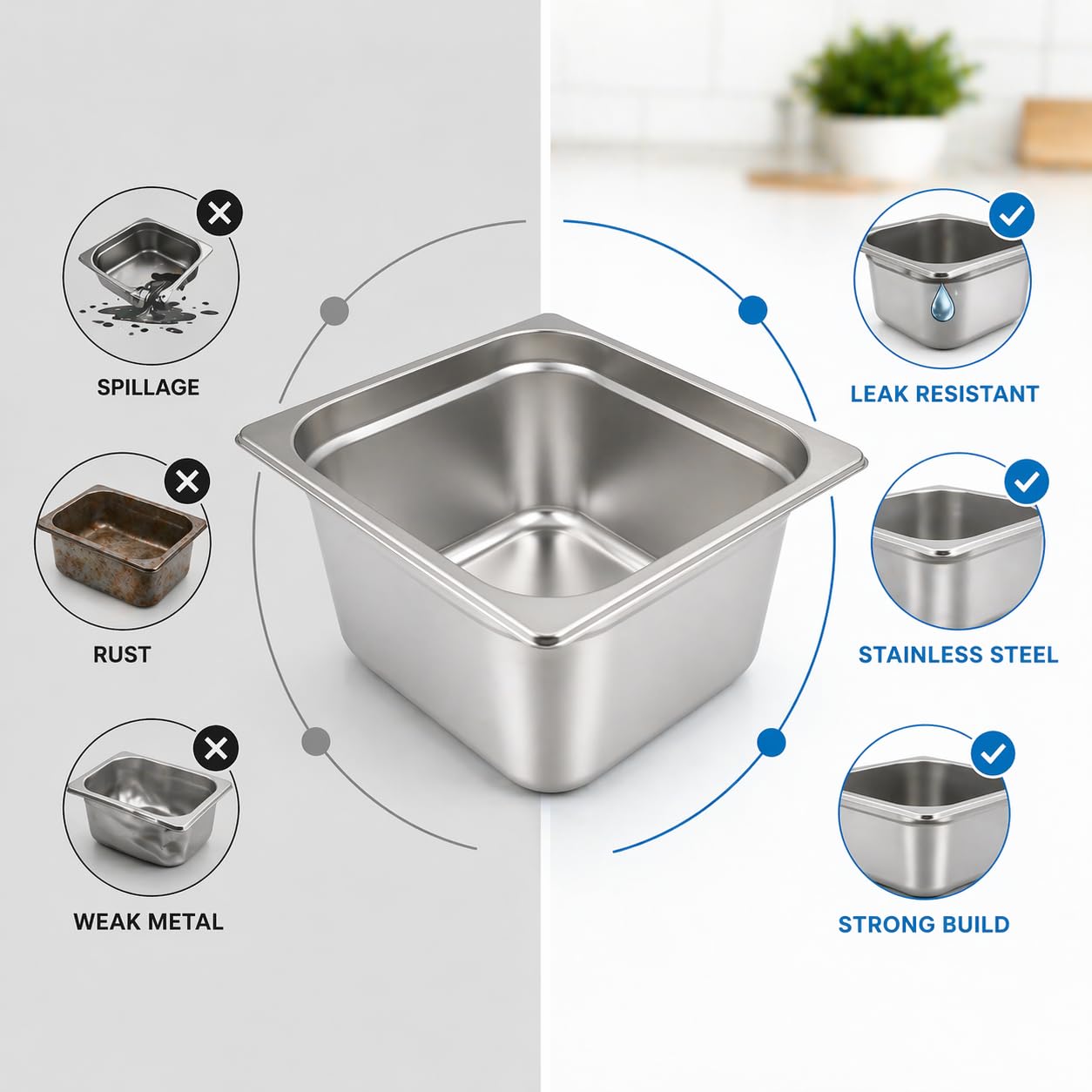 GURUBHAI EQUIPMENTS Gn Pan Food Container 1/2 100mm (4" Deep) Stainless Steel Gastronorm Pan with Lid-(Set of 1) – Easy-to-Clean Food Storage Solution for Commercial Kitchens, Catering use