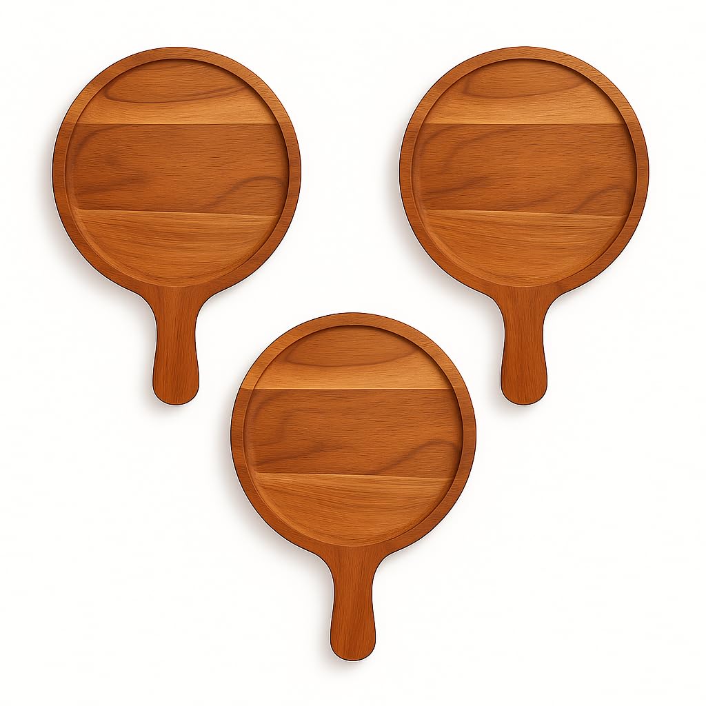GURUBHAI EQUIPMENTS Wooden Pizza Plate with Handle Round Acacia Finish Pizza Serving Board & Cutting Tray | Wooden Pizza Platter for Home, Restaurant, Café & Kitchen Use