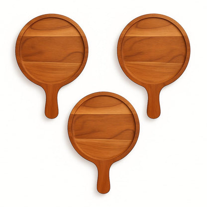 GURUBHAI EQUIPMENTS Wooden Pizza Plate with Handle Set of 3 – Round Acacia Finish Pizza Serving Board & Cutting Tray for Home, Restaurant, Café & Kitchen Use (11 Inch)