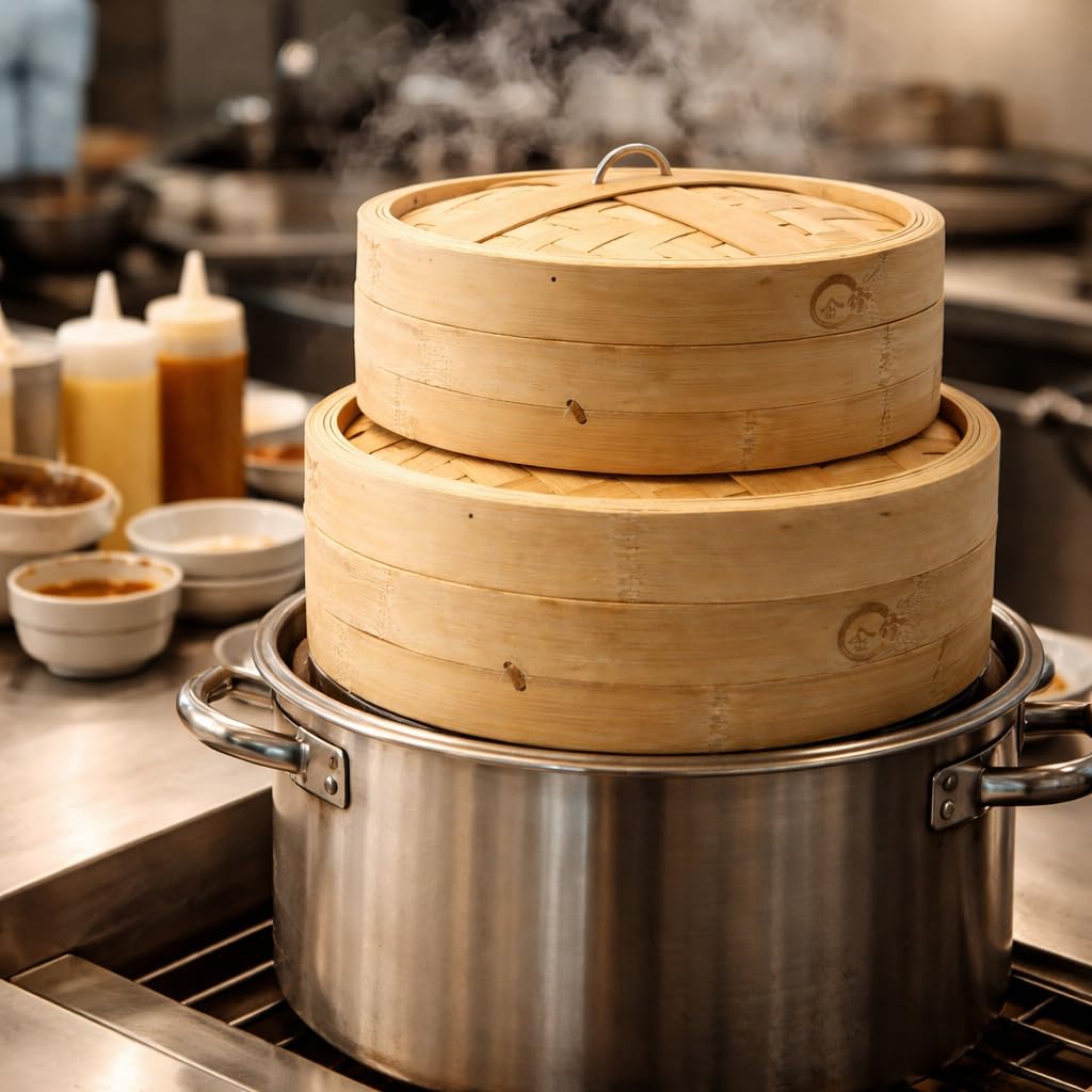 Gurubhai Equipments Bamboo Steamer Basket with Lid – 1 Tier Round | Traditional Wooden Steamer for Momos, Dim Sum, Dumplings & Vegetables | Eco-Friendly Bamboo Food Steamer for Healthy Cooking