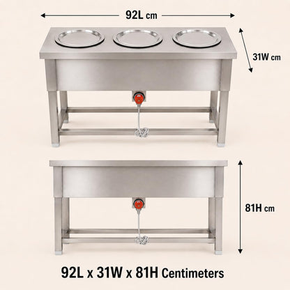 Gurubhai Equipments 3 Pot Electric Bain Marie Commercial Food Warmer Stainless Steel Steam Table Buffet Counter for Restaurant Catering