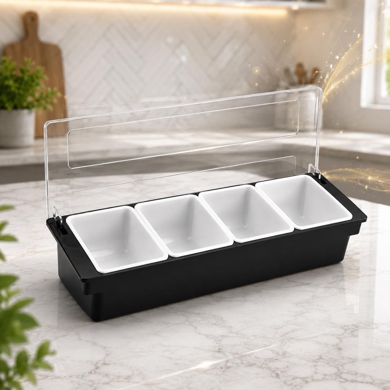GURUBHAI EQUIPMENTS 4-Compartment Condiment Dispenser with Lid | Salad Bar Container for Restaurant, Buffet, Catering & Home Use | Food Prep Station Organizer with Removable Containers