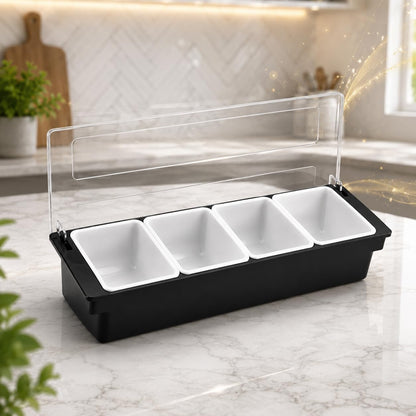GURUBHAI EQUIPMENTS 4-Compartment Condiment Dispenser with Lid | Salad Bar Container for Restaurant, Buffet, Catering & Home Use | Food Prep Station Organizer with Removable Containers