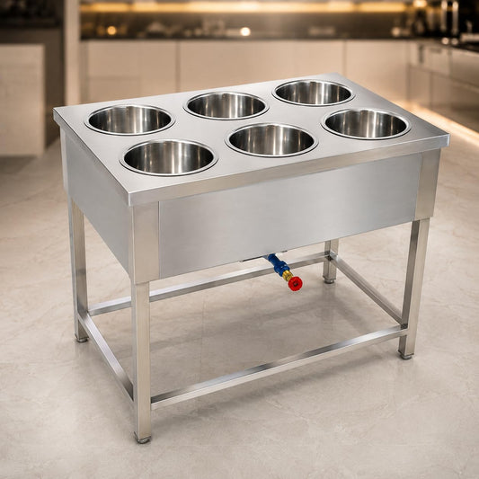 Gurubhai Equipments 6 Pot LPG Gas Bain Marie Commercial Food Warmer Stainless Steel Buffet Serving Counter for Restaurant Catering