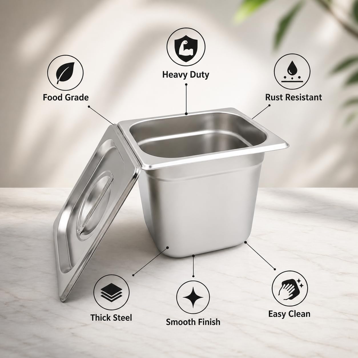 GURUBHAI EQUIPMENTS GN Pan 1/6 Size – 150mm (6" Deep) Stainless Steel Gastronorm Food Container with Lid | Commercial Kitchen, Hotel & Restaurant Use | Durable & Rust-Resistant
