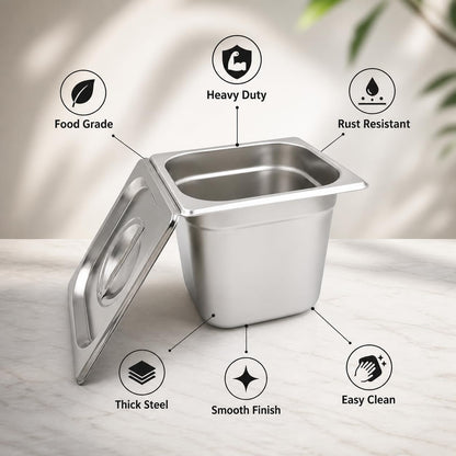 GURUBHAI EQUIPMENTS GN Pan 1/6 Size – 150mm (6" Deep) Stainless Steel Gastronorm Food Container with Lid | Commercial Kitchen, Hotel & Restaurant Use | Durable & Rust-Resistant