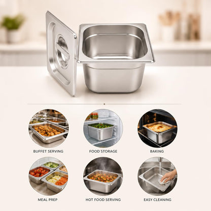 GURUBHAI EQUIPMENTS Gn Pan Food Container 1/2 100mm (4" Deep) Stainless Steel Gastronorm Pan with Lid-(Set of 1) – Easy-to-Clean Food Storage Solution for Commercial Kitchens, Catering use