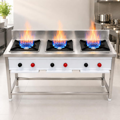Gurubhai Equipments Stainless Steel Commercial Single Burner Gas Stove Table with Worktop Backsplash & Under Shelf for Hotel Restaurant Kitchen